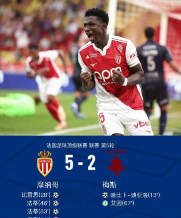 法甲联赛：摩纳哥 5-2 梅斯，法蒂梅开二度，比雷斯助攻破门